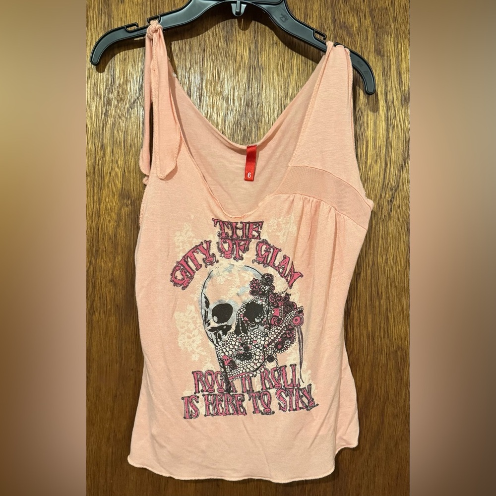 H&M Pink Tank Top with Tie Shoulder & Glam Rock n Roll Skull Size Small / Size 6